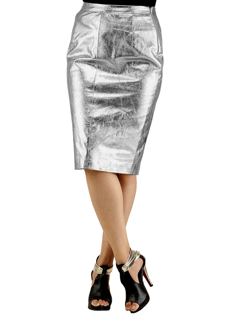 Metallic Foiled Leather Knee Length Skirt S / Leather / Silver, Women Leather Skirt - CrabRocks, LeatherfashionOnline
 - 1