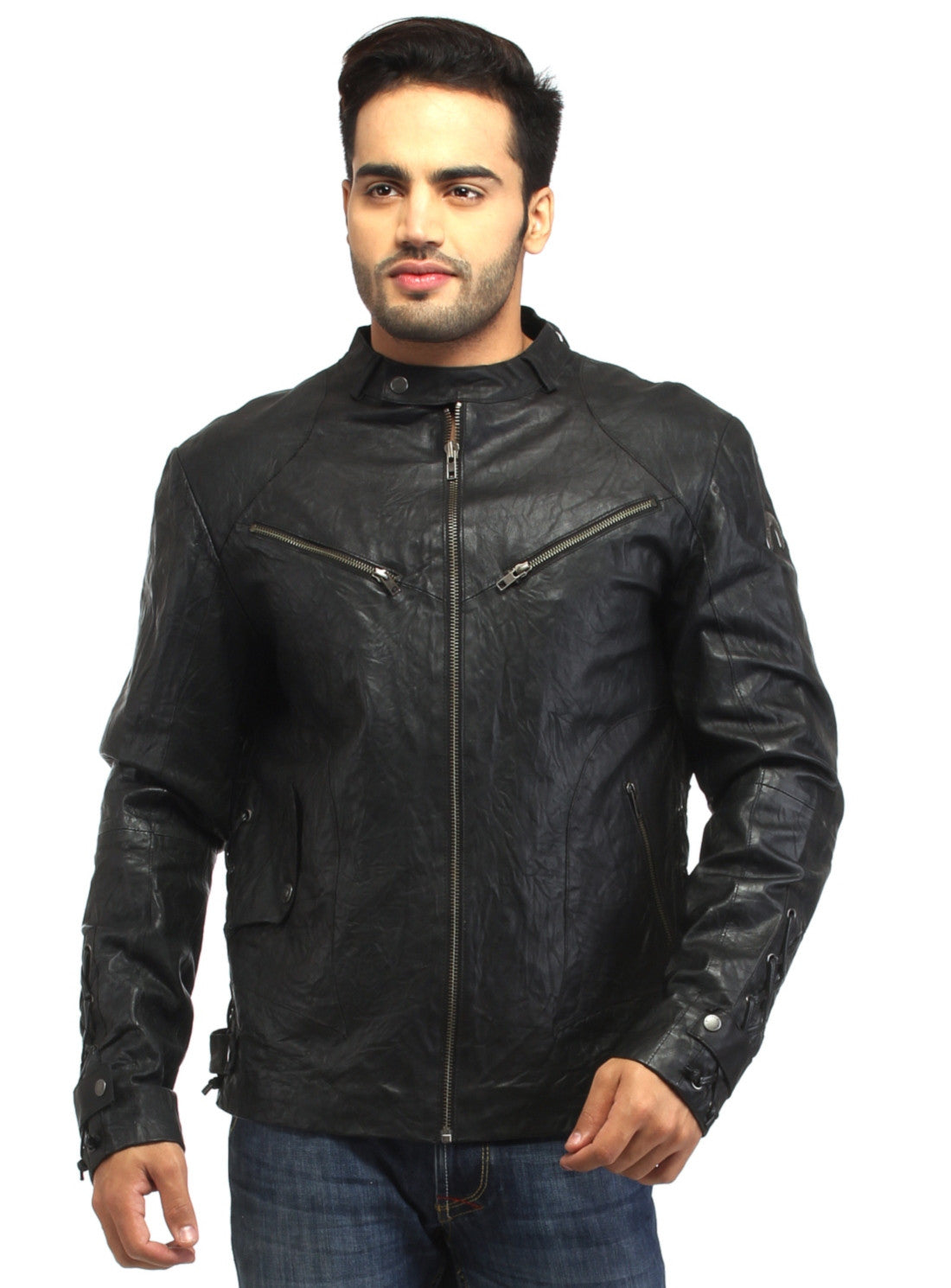 Men Vintage Crinkled Leather Biker Jacket with Dori Weave S / Leather / Black, Men Jacket - CrabRocks, LeatherfashionOnline
 - 1