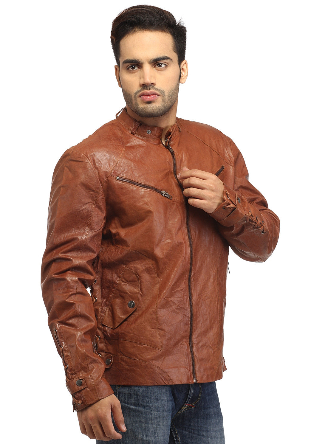 Men Vintage Crinkled Leather Biker Jacket with Dori Weave S / Leather / Tan, Men Jacket - CrabRocks, LeatherfashionOnline
 - 4