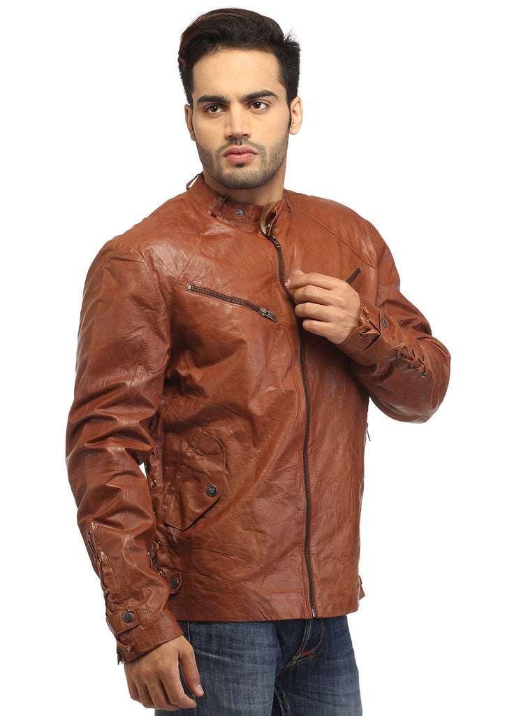 Men Vintage Crinkled Leather Biker Jacket with Dori Weave S / Leather / Tan, Men Jacket - CrabRocks, LeatherfashionOnline
 - 4