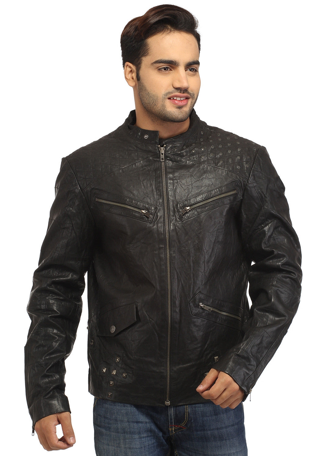 Men's Leather Washed Vintage Studded Rugged Jacket , Men Jacket - CrabRocks, LeatherfashionOnline
 - 4