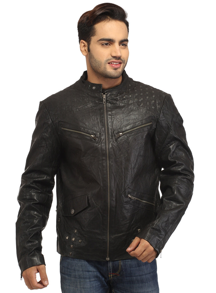 Men's Leather Washed Vintage Studded Rugged Jacket , Men Jacket - CrabRocks, LeatherfashionOnline
 - 4
