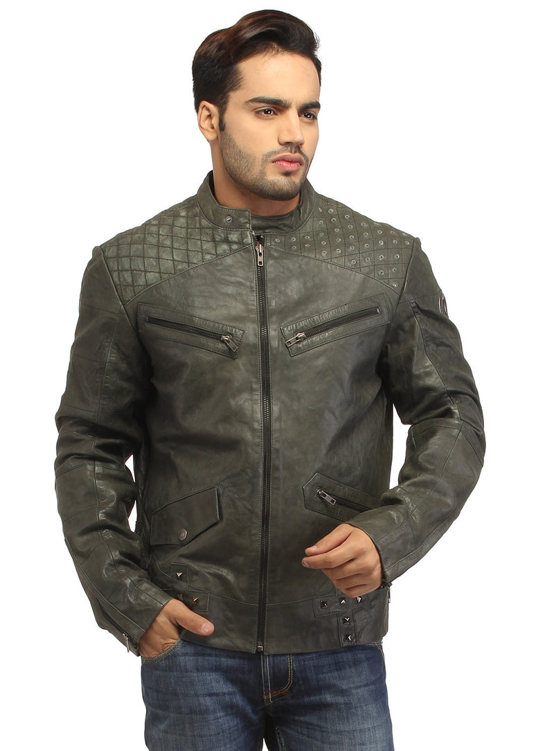 Men's Leather Washed Vintage Studded Rugged Jacket S / Leather / Dust, Men Jacket - CrabRocks, LeatherfashionOnline
 - 1