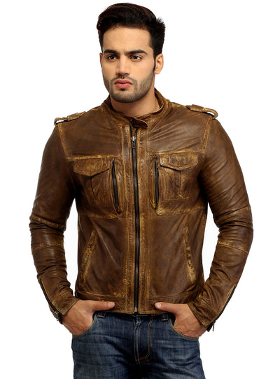 Men's Casual Abstract Batik Wash Short Leather Jacket S / Leather / Tan, Men Jacket - CrabRocks, LeatherfashionOnline
 - 1