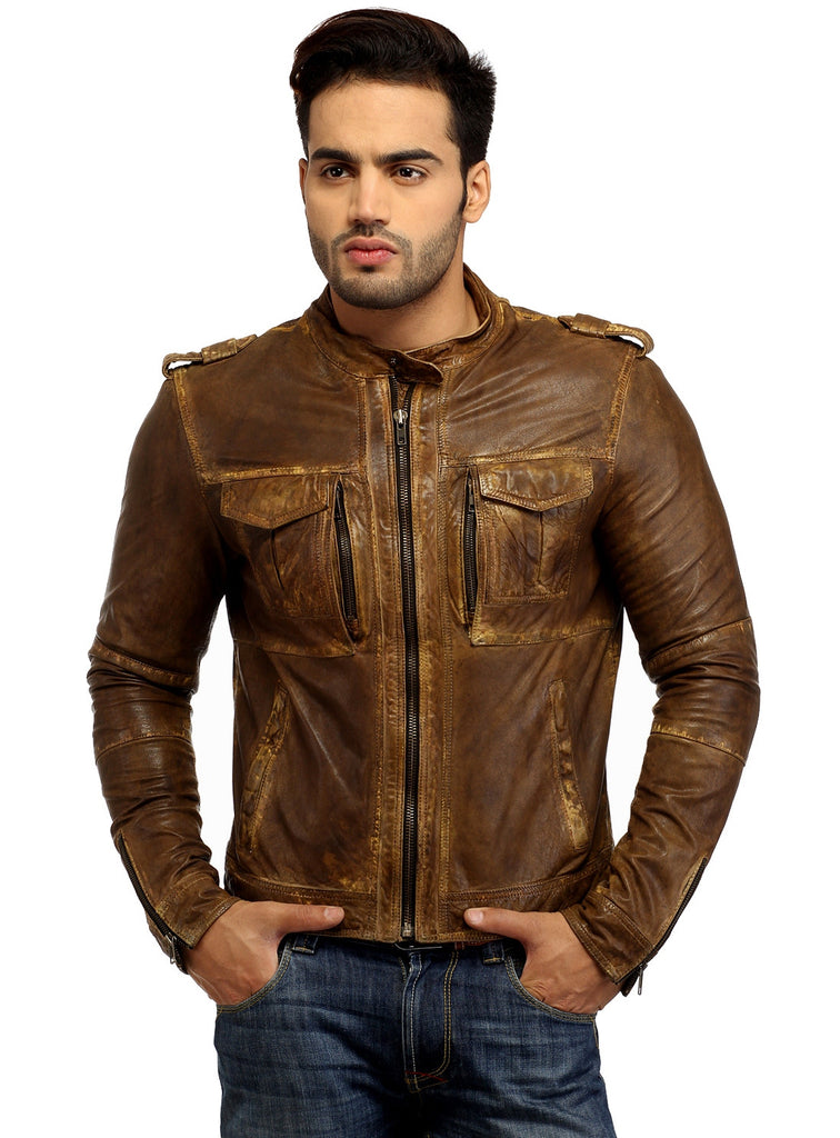 Men's Casual Abstract Batik Wash Short Leather Jacket S / Leather / Tan, Men Jacket - CrabRocks, LeatherfashionOnline
 - 1