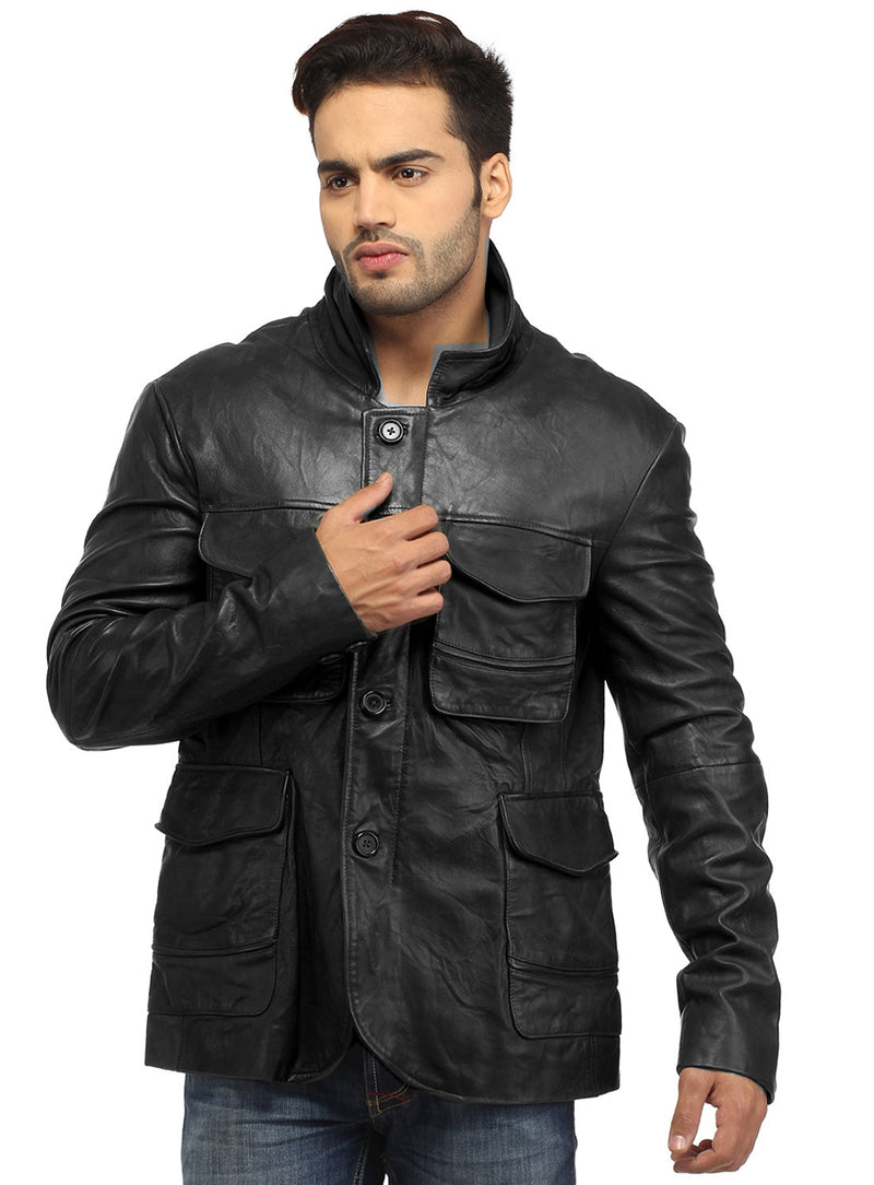 Mens Casual Patch Pockets Parker Leather Jacket S / Leather / Black, Men Jacket - CrabRocks, LeatherfashionOnline
 - 1