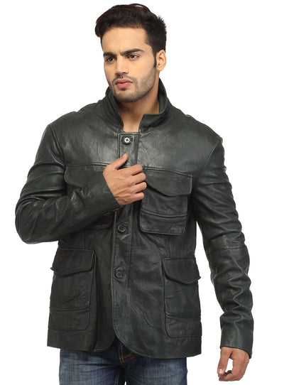Mens Casual Patch Pockets Parker Leather Jacket S / Leather / Ocean Grey, Men Jacket - CrabRocks, LeatherfashionOnline
 - 2