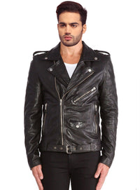 Men Washed Classic Motorcycle Biker Leather Jacket