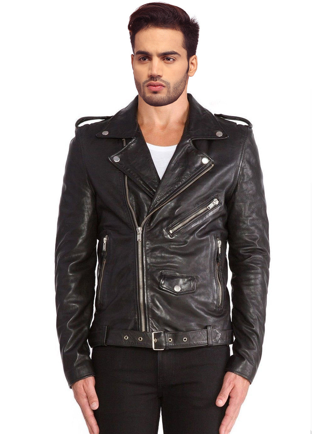 Men Washed Classic Motorcycle Biker Leather Jacket