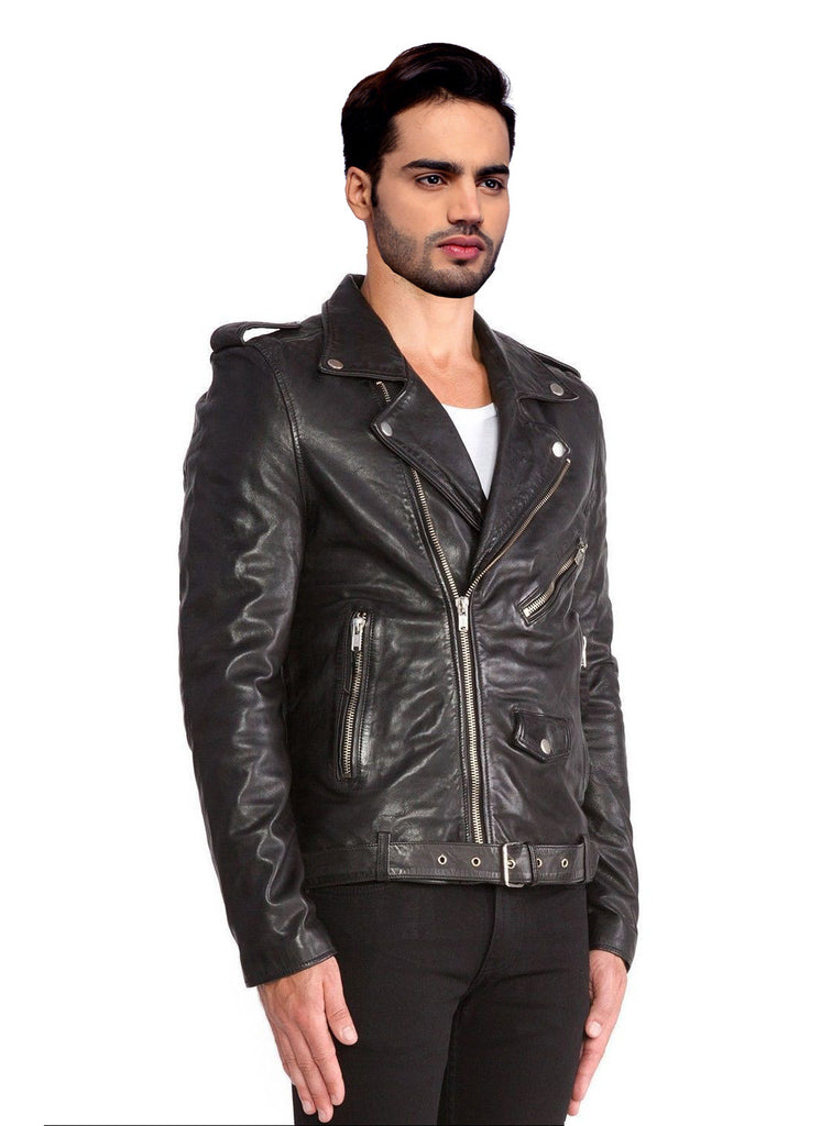 Men Washed Classic Motorcycle Biker Leather Jacket