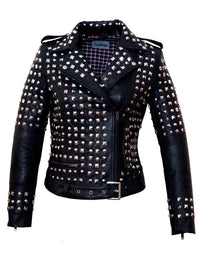 CrabRocks Leather Multi Studded Motorcycle Biker Woman Jacket with Buckle Belt Black / XS / LEATHER, Women Jacket - CrabRocks, LeatherfashionOnline
 - 1
