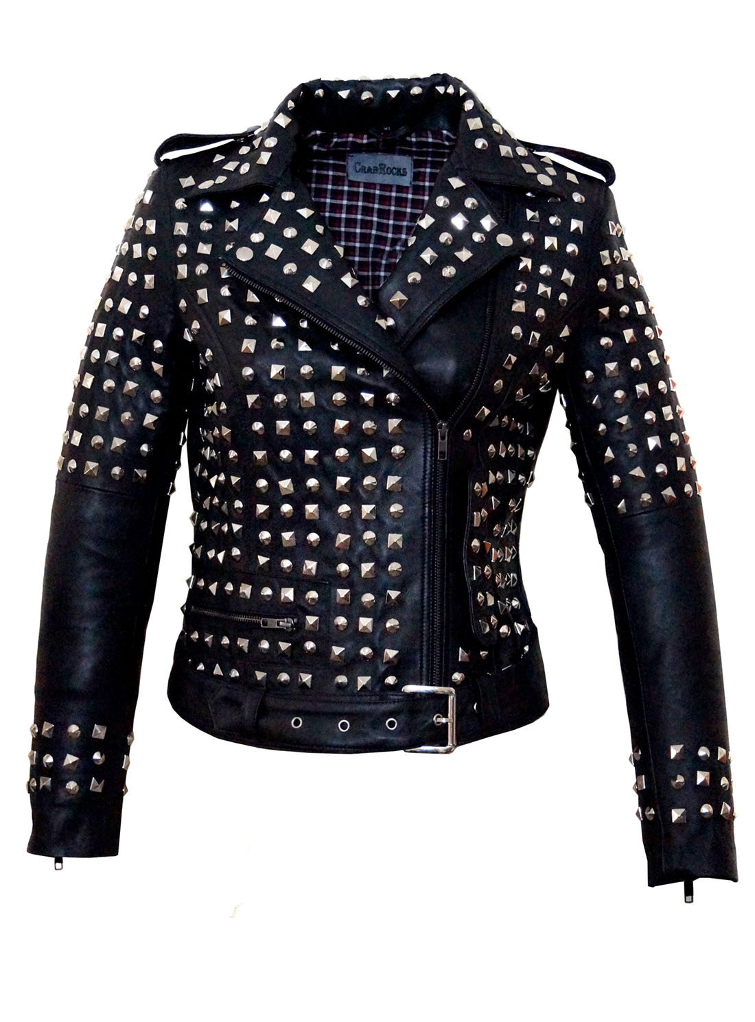 CrabRocks Leather Multi Studded Motorcycle Biker Woman Jacket with Buckle Belt Black / XS / LEATHER, Women Jacket - CrabRocks, LeatherfashionOnline
 - 1