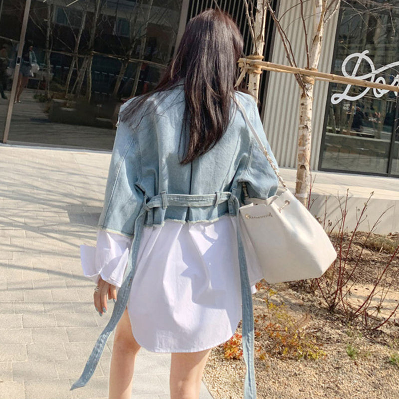 Patchwork Oversized Coat Autumn Fashion Lapel Long Sleeve With Sashes Women Denim Jacket