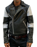 Vannamoda White Black Studded Men Motorcycle Biker Leather Jacket