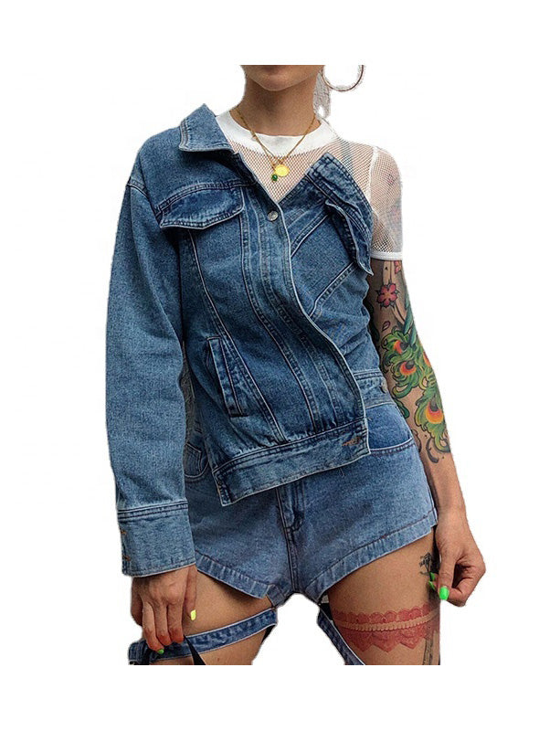 Casual Irregular Denim Jackets For Female Lapel Collar Long Sleeve Tunic Slim Asymmetrical