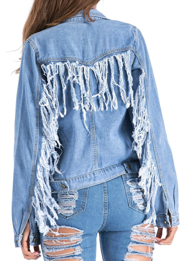 Spring And Summer  Street Fashion Women Fringes Design Blue Denim Jacket/Shirt Jacket