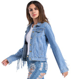 Spring And Summer  Street Fashion Women Fringes Design Blue Denim Jacket/Shirt Jacket