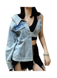 CASUAL IRREGULAR DENIM JACKETS FOR FEMALE LAPEL COLLAR LONG SLEEVE TUNIC SLIM ASYMMETRICAL