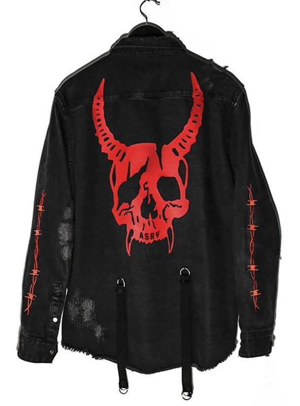 Designed Black Flare Denim スカル　髑髏　ストール付き DenimJacket-Skull1123-
