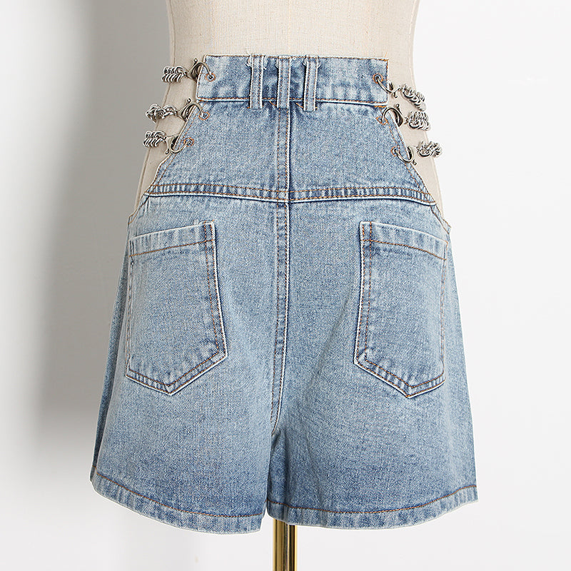 Sexy Patchwork Chain Women Denim Shorts High Waist Hollow Out Short Wide Leg Jeans