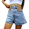 Sexy Patchwork Chain Women Denim Shorts High Waist Hollow Out Short Wide Leg Jeans