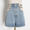 Sexy Patchwork Chain Women Denim Shorts High Waist Hollow Out Short Wide Leg Jeans