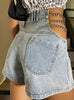 Sexy Patchwork Chain Women Denim Shorts High Waist Hollow Out Short Wide Leg Jeans