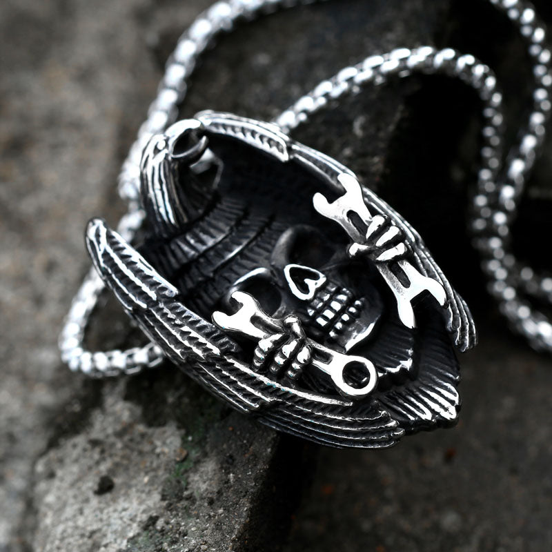 Biker Eagle Skull & Wrench Pendant Necklace