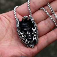 Biker Eagle Skull & Wrench Pendant Necklace