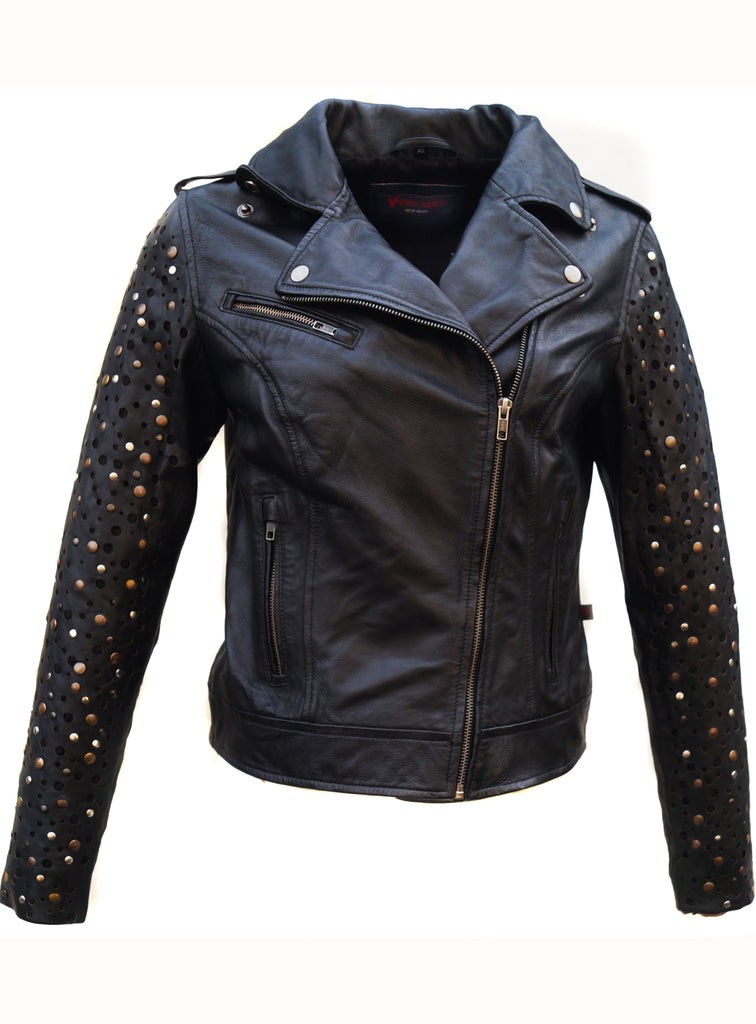 RockStuds Woman Leather Moto Biker Jacket Studded Sleeve