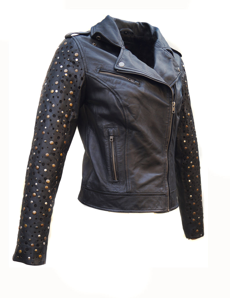 RockStuds Woman Leather Moto Biker Jacket Studded Sleeve