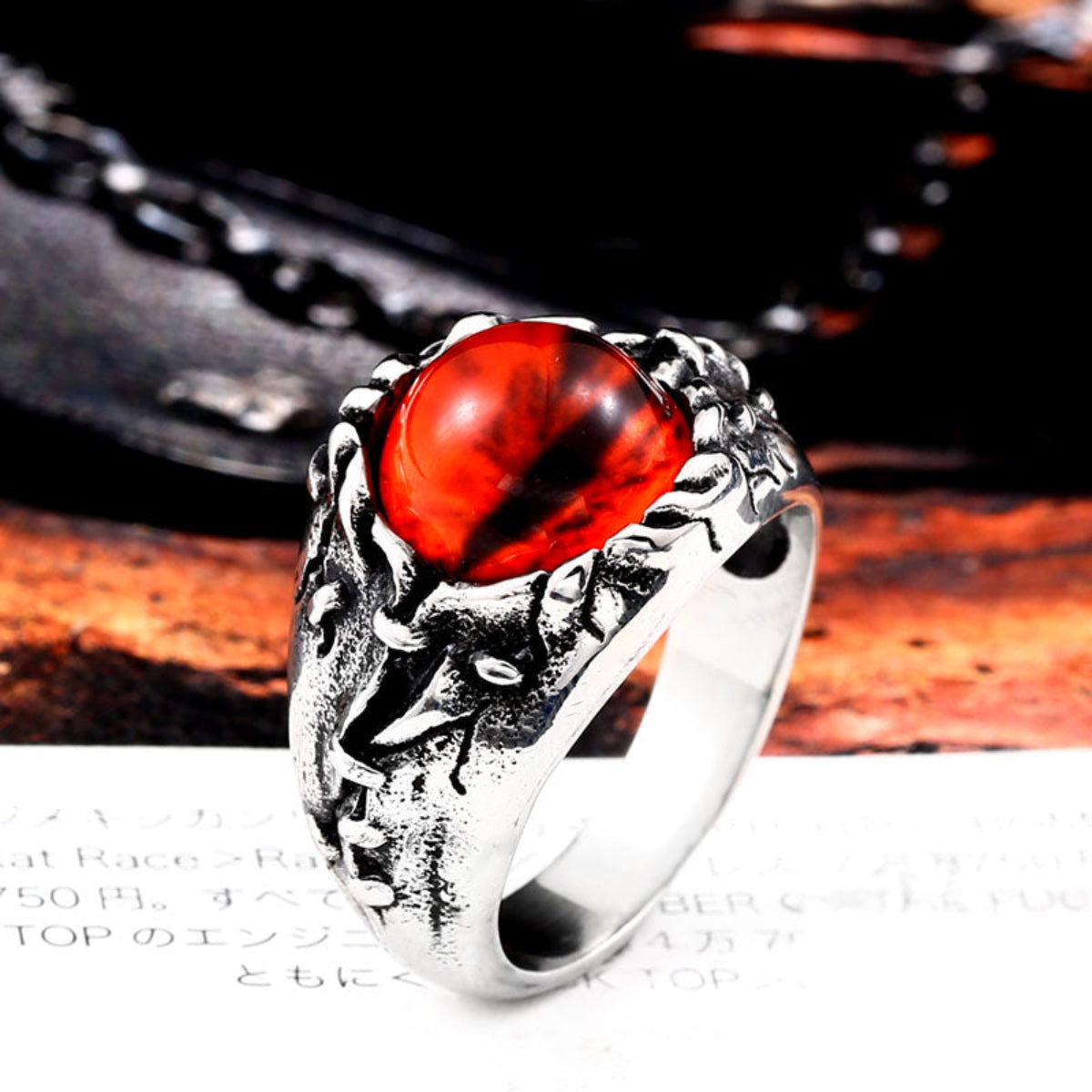 Dragon Red Stone Devil's Eye Ring Punk Biker Stainless Steel Ring Unisex