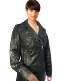 Vanna Woman Leather Moto Biker Jacket Studded Sleeve