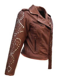 Vanna Woman Leather Moto Biker Jacket Studded Sleeve