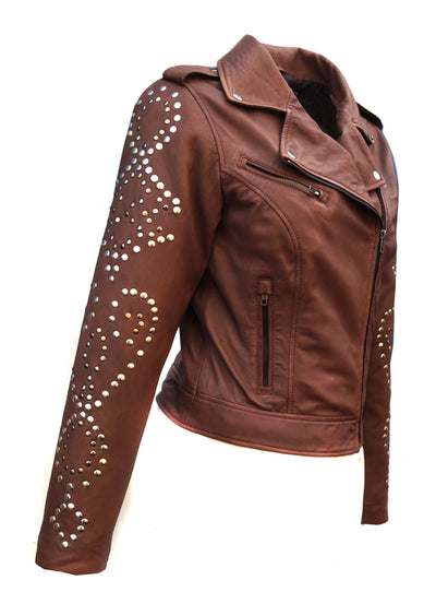 Vanna Woman Leather Moto Biker Jacket Studded Sleeve
