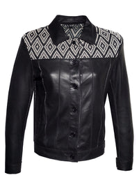 Hand Weaved Woman Black Leather Jacket with Jacquard Leather Weave