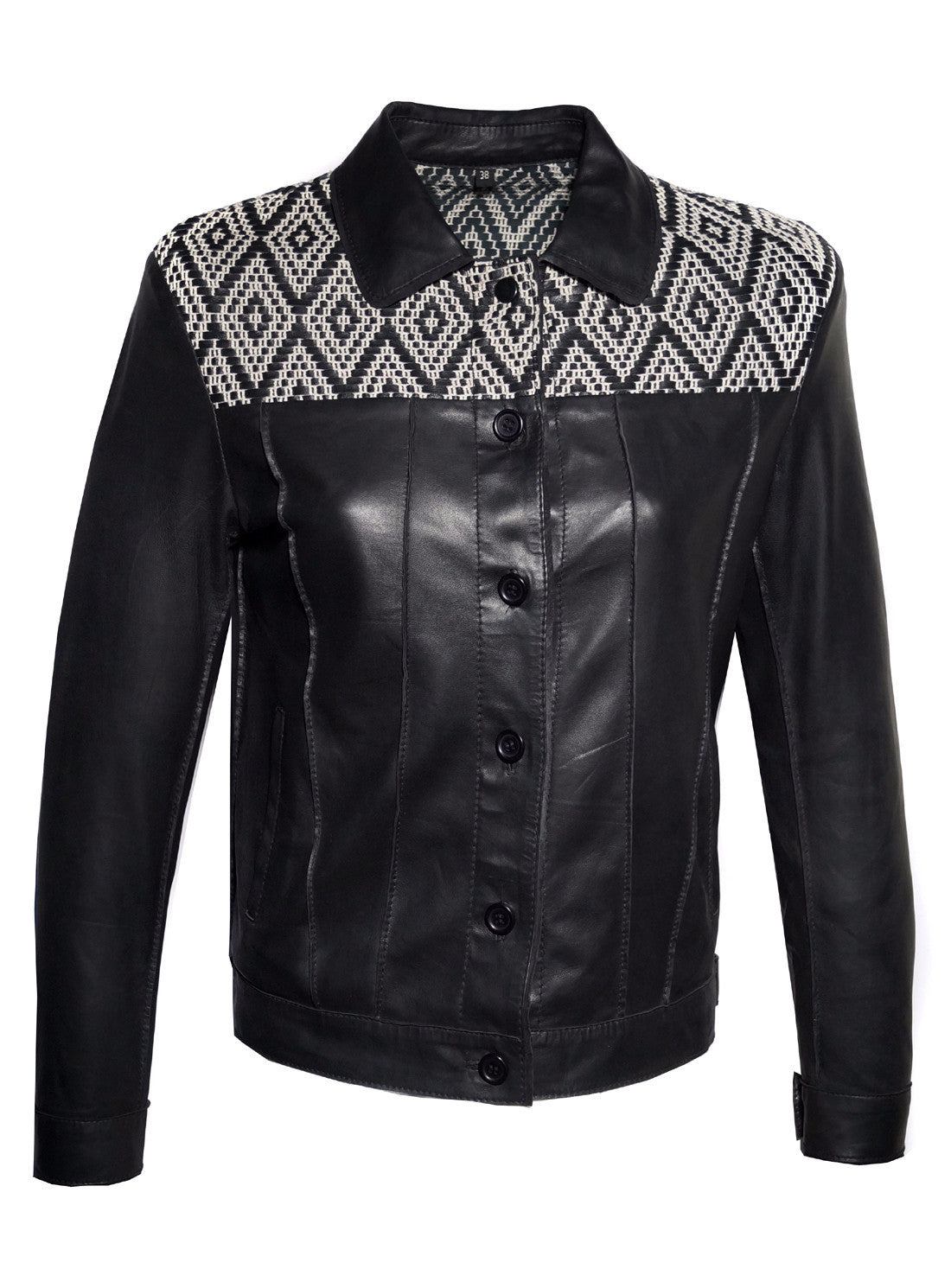Hand Weaved Woman Black Leather Jacket with Jacquard Leather Weave