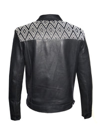 Hand Weaved Woman Black Leather Jacket with Jacquard Leather Weave