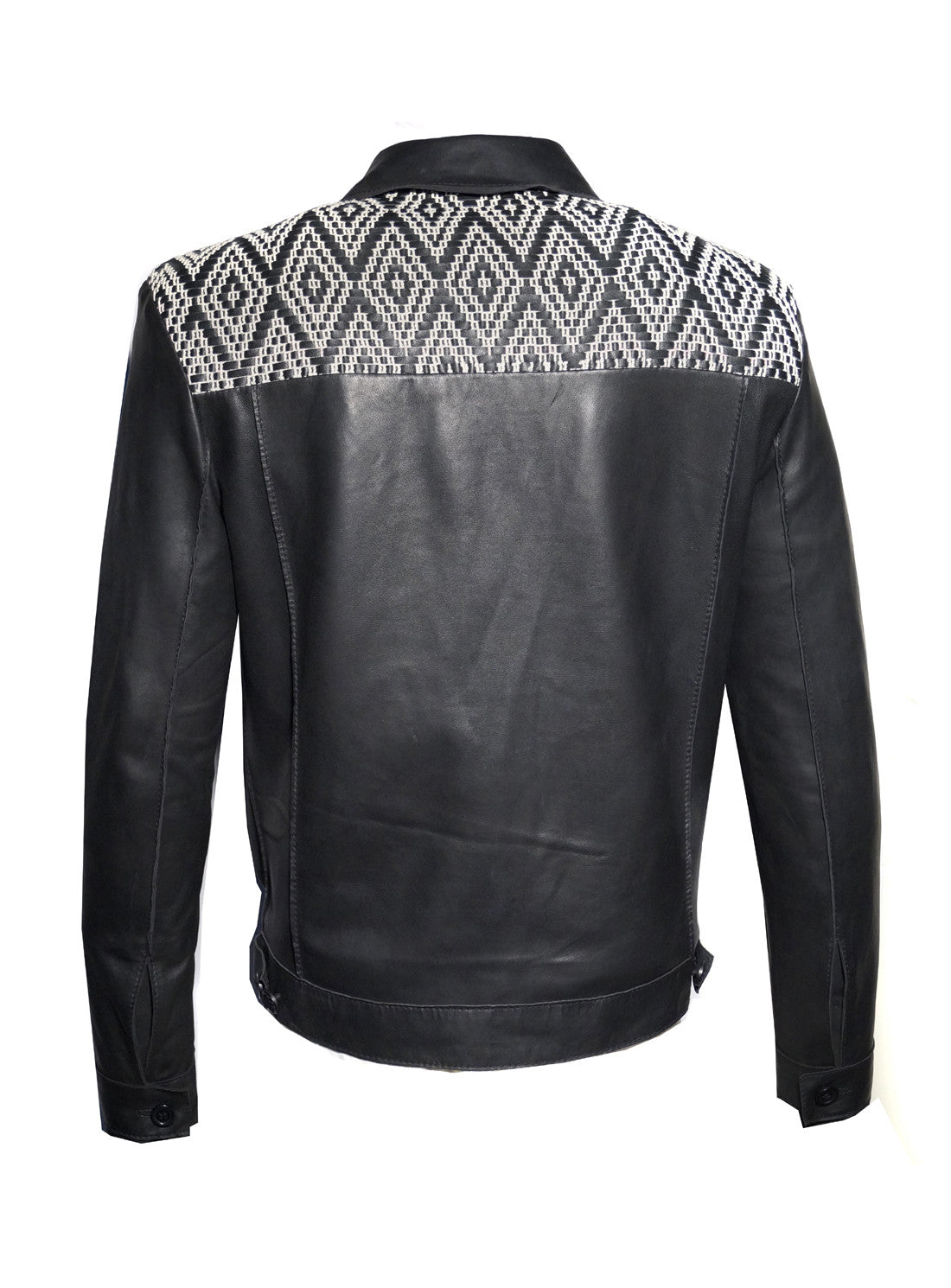 Hand Weaved Woman Black Leather Jacket with Jacquard Leather Weave