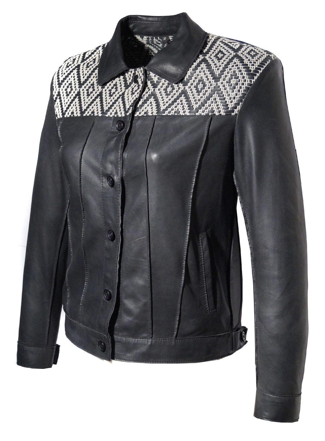 Hand Weaved Woman Black Leather Jacket with Jacquard Leather Weave