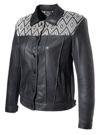 Hand Weaved Woman Black Leather Jacket with Jacquard Leather Weave