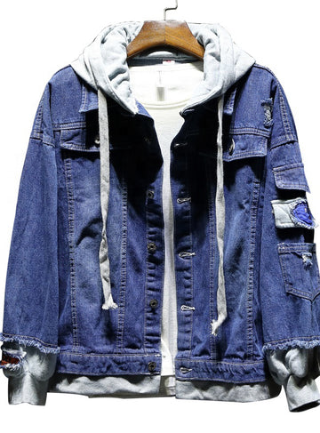 【DISCERNMENT】Salt denim hood JK LZLER Men's Jean Jacket Hoodie Black Distressed Denim Jacket