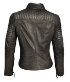 Leather Motorcycle Biker Washed Women Jacket with Multi Zippers