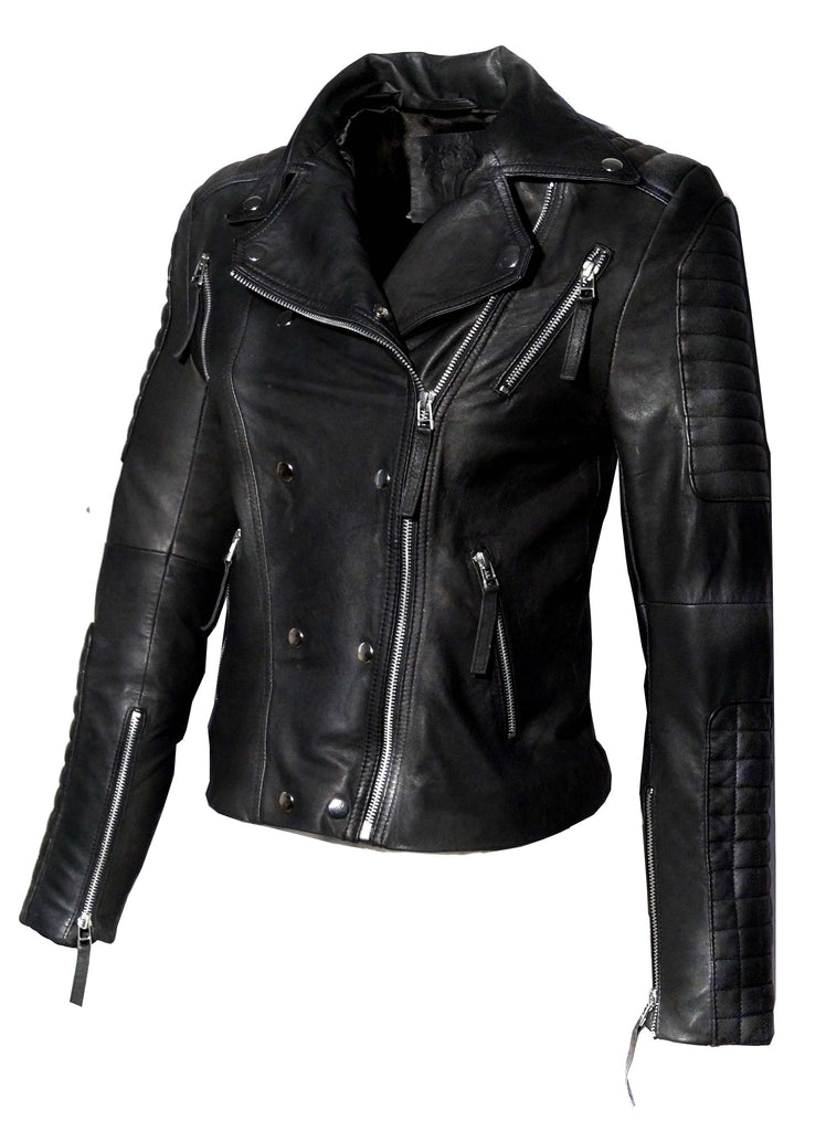 Leather Motorcycle Biker Washed Women Jacket with Multi Zippers