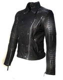 Leather Motorcycle Biker Washed Women Jacket with Multi Zippers