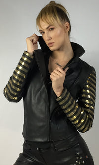 Leather Woman Washed Vintage Motorcycle Biker Jacket Metallic Gold and Black Strips