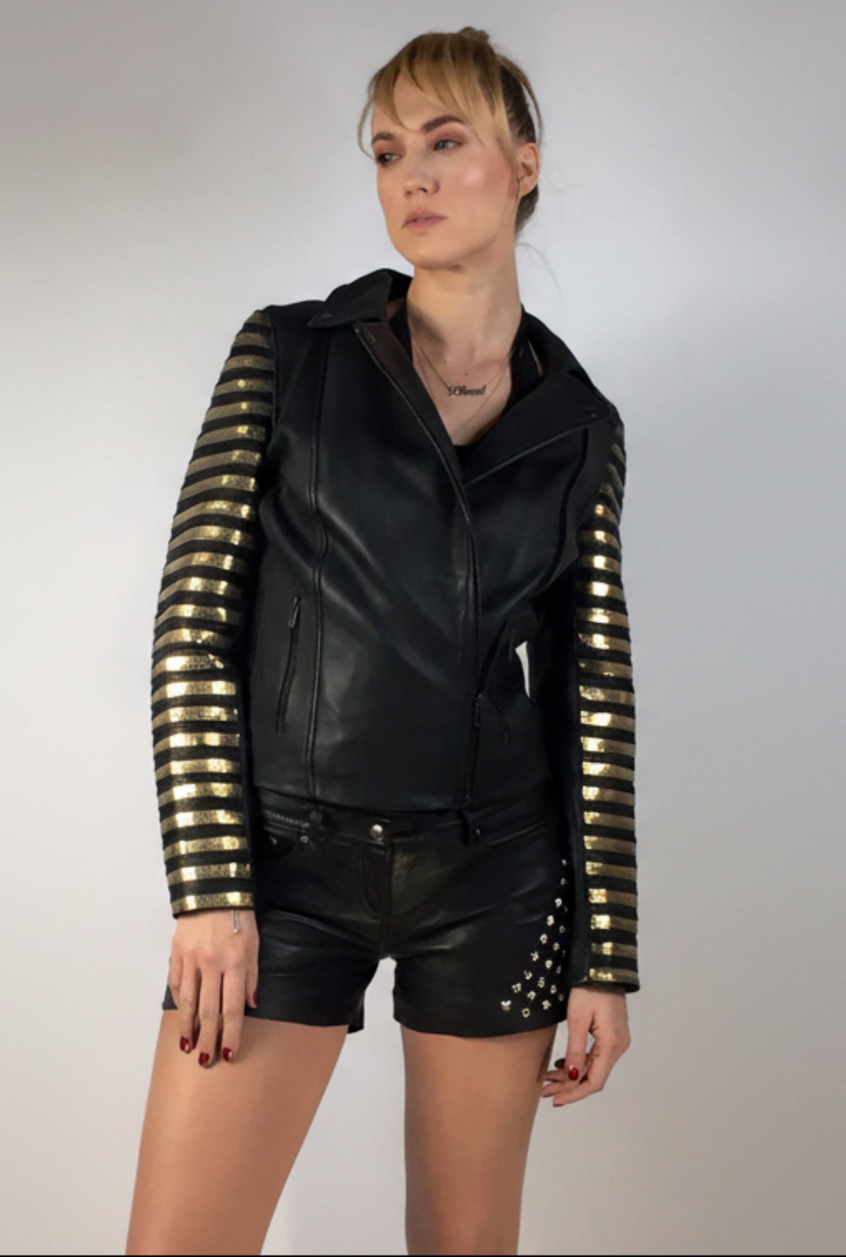 Leather Woman Washed Vintage Motorcycle Biker Jacket Metallic Gold and Black Strips