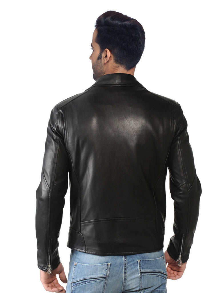 Men Washed Classic Motorcycle Biker Leather Jacket with multi Zipped Pockets 8MJ