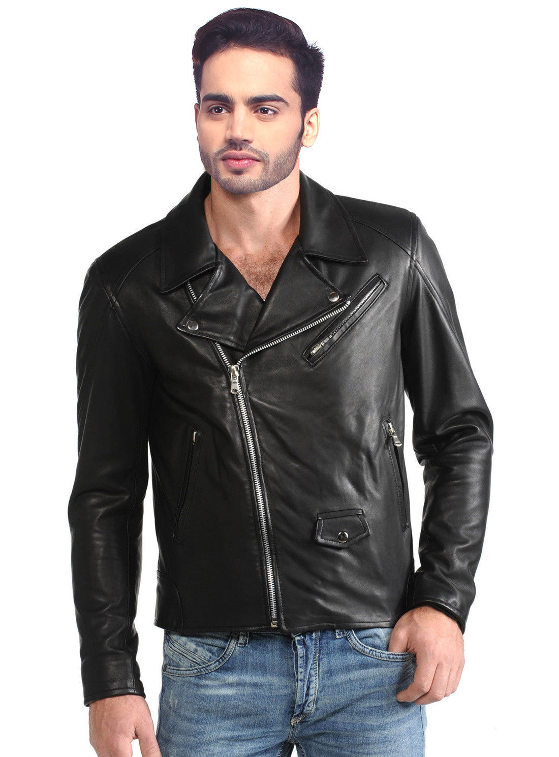Men Washed Vintage Lamb MotorCycle Biker Jacket XS / LEATHER / Black, Men Jacket - CrabRocks, LeatherfashionOnline
 - 1