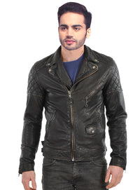 Men Washed Motorcycle Biker Leather Jacket with Diamond Padding at sleeves XS / LEATHER / Black, Men Jacket - CrabRocks, LeatherfashionOnline
 - 1